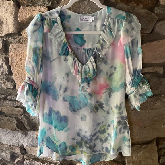 Go> by GoSilk Watercolor Ruffled Blouse - Picture 1 of 3